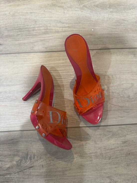 Dior Shoes - Dior Pink and Orange PVC Logo Slide Heels